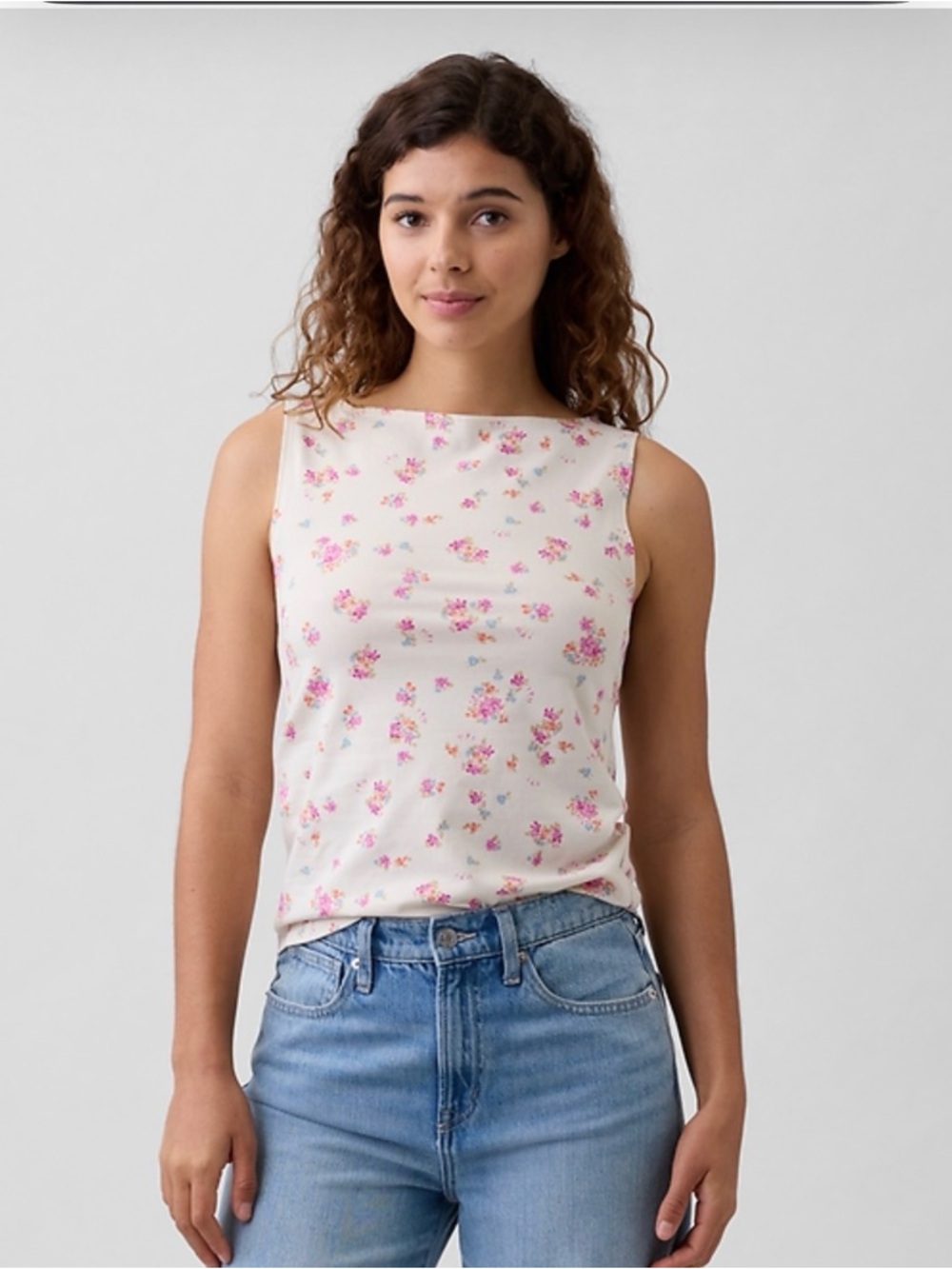 GAP boatneck Cream Top with Pink and Coral Floral Accents